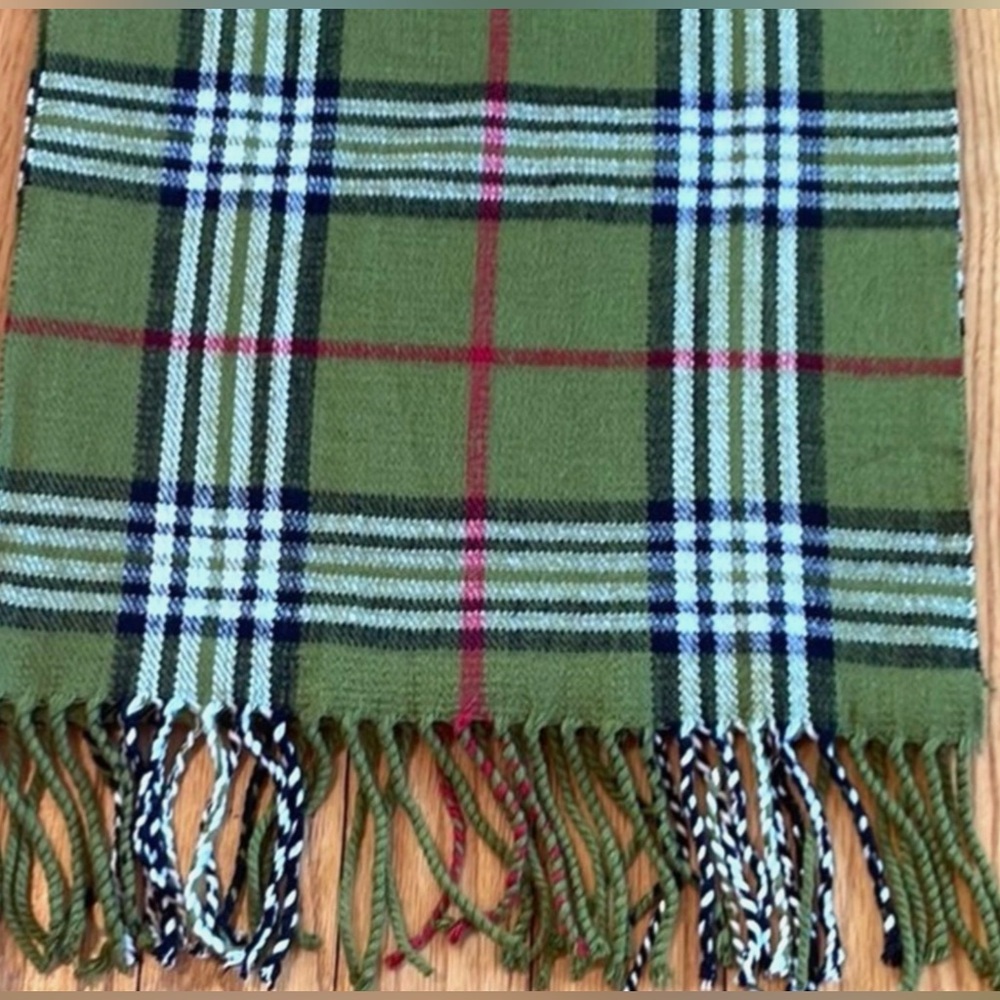100% Cashmere Plaid Scarf Green Fringe Soft Luxury Winter Wrap Unisex